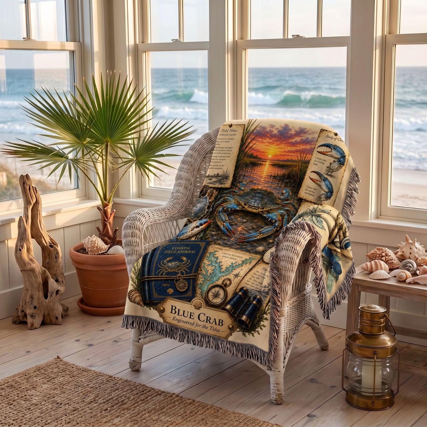 Blue Crab Woven Throw Blanket | Coastal Wildlife Decor | Cotton Tapestry Throw | Naturalist Journal Gift