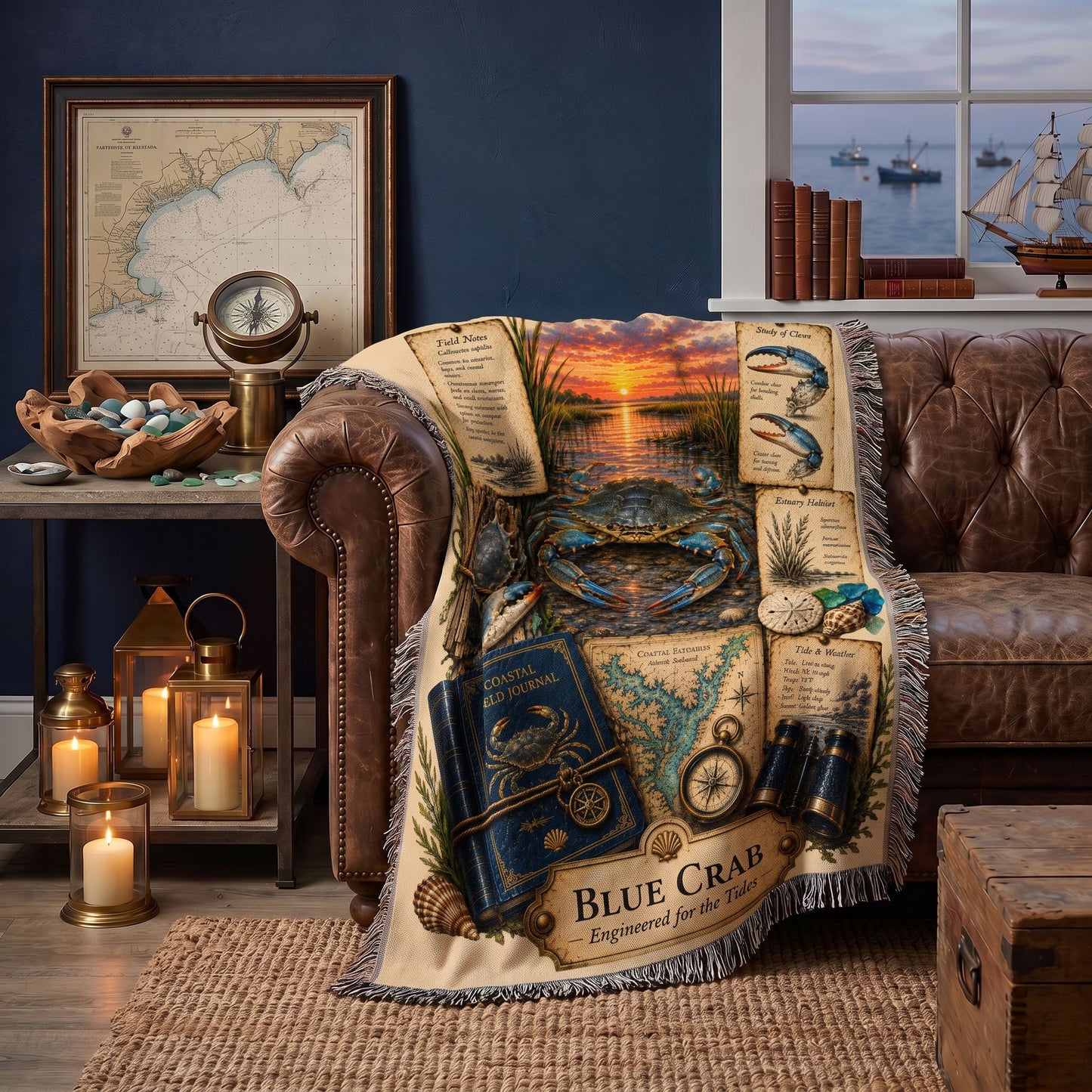 Blue Crab Woven Throw Blanket | Coastal Wildlife Decor | Cotton Tapestry Throw | Naturalist Journal Gift