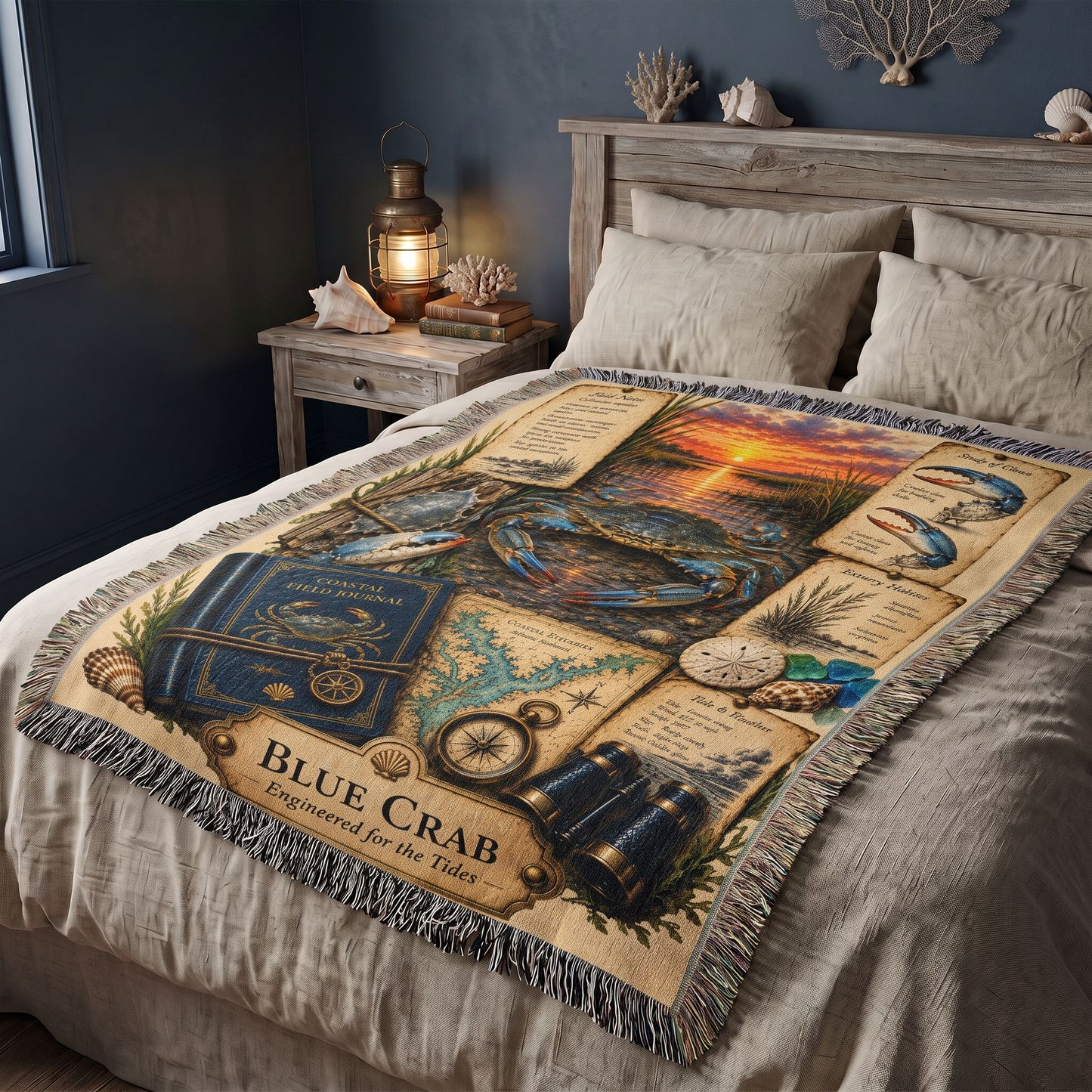 Blue Crab Woven Throw Blanket | Coastal Wildlife Decor | Cotton Tapestry Throw | Naturalist Journal Gift