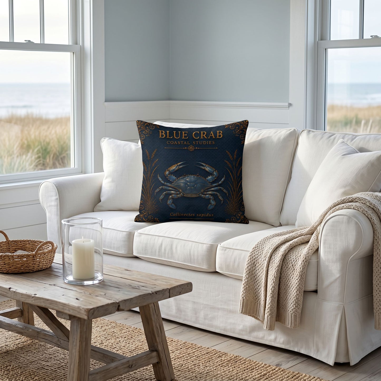 Blue Crab Coastal Pillow, Nautical Throw Pillow, Navy Coastal Cushion, Beach House & Lake House Decor, Coastal Grandma Style