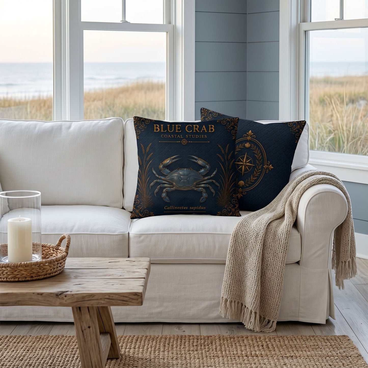 Blue Crab Coastal Pillow, Nautical Throw Pillow, Navy Coastal Cushion, Beach House & Lake House Decor, Coastal Grandma Style
