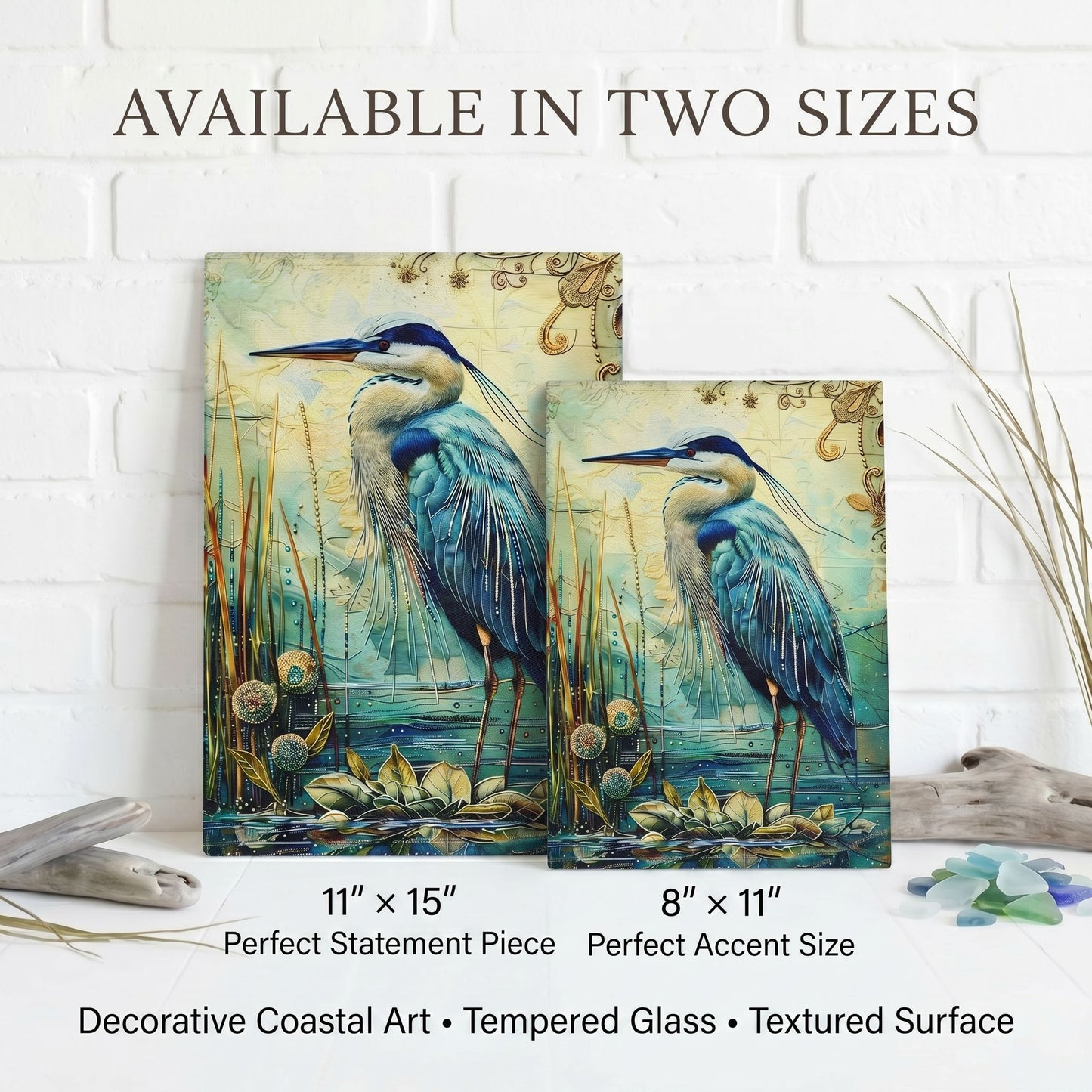 Blue Heron Glass Art Panel, Tempered Glass Coastal Decor, Beach House Accent