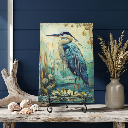 Beaded Look Blue Heron Coastal Art Glass Board | Coastal Kitchen Decor | Charcuterie & Serving Board