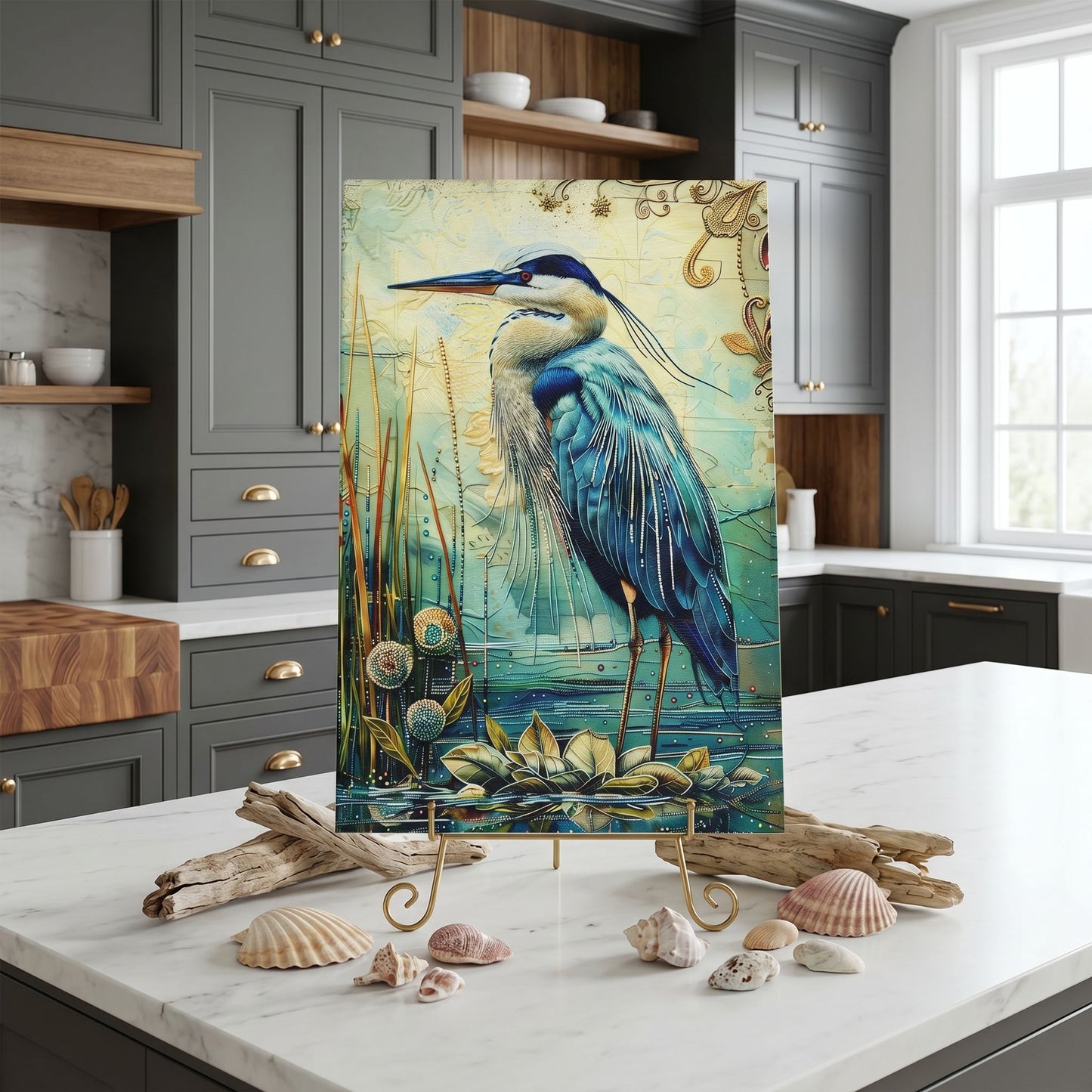 Blue Heron Glass Art Panel, Tempered Glass Coastal Decor, Beach House Accent