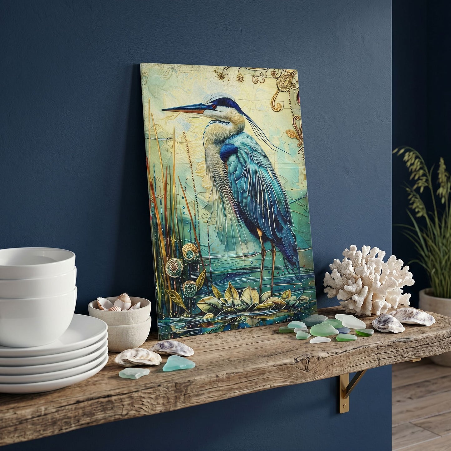 Blue Heron Glass Art Panel, Tempered Glass Coastal Decor, Beach House Accent