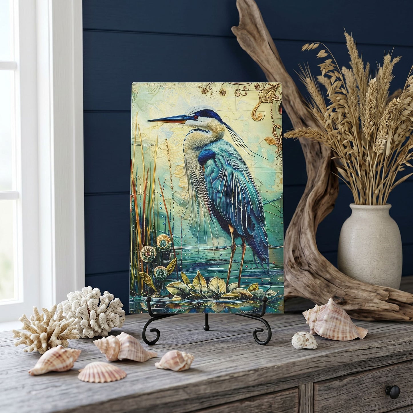 Blue Heron Glass Art Panel, Tempered Glass Coastal Decor, Beach House Accent