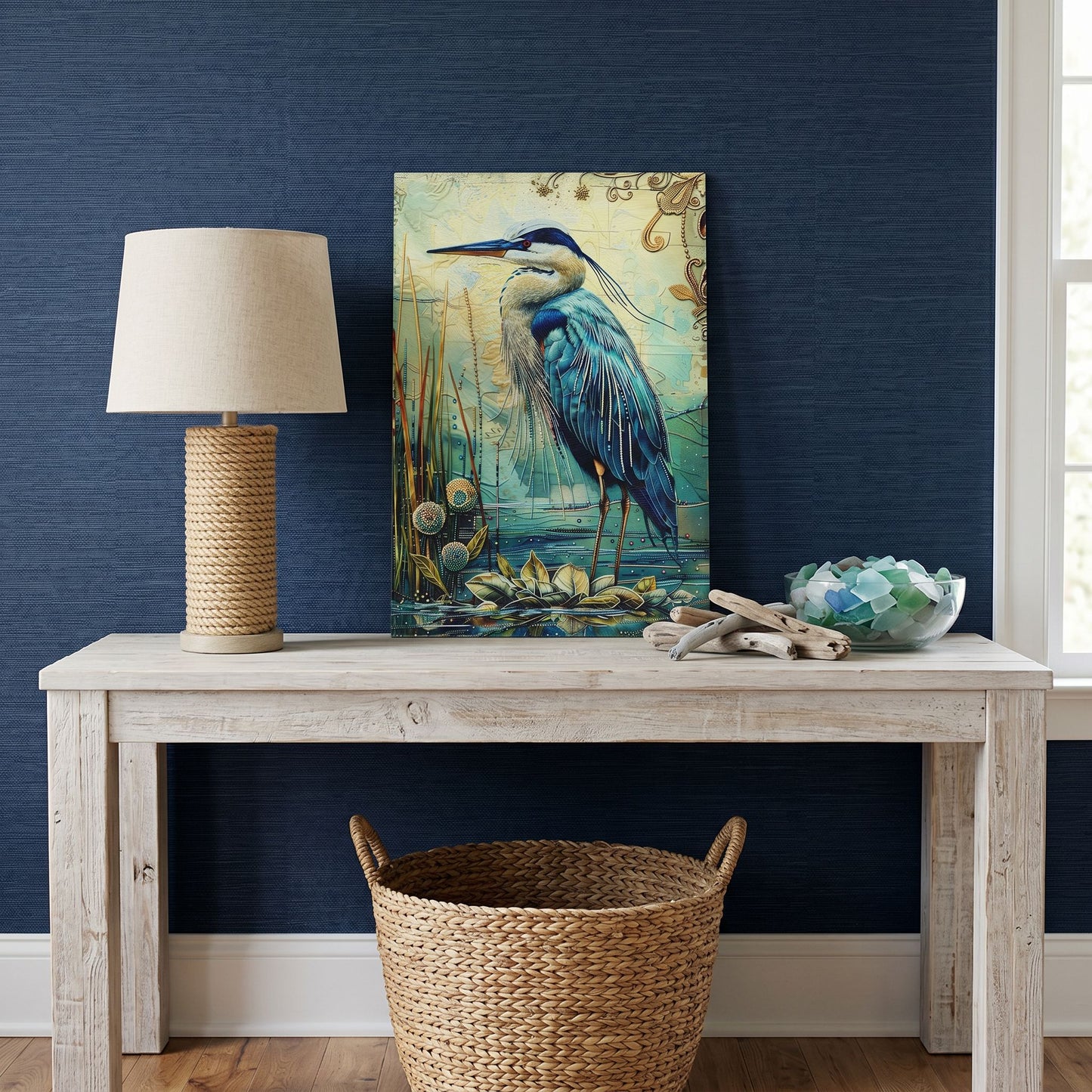 Blue Heron Glass Art Panel, Tempered Glass Coastal Decor, Beach House Accent