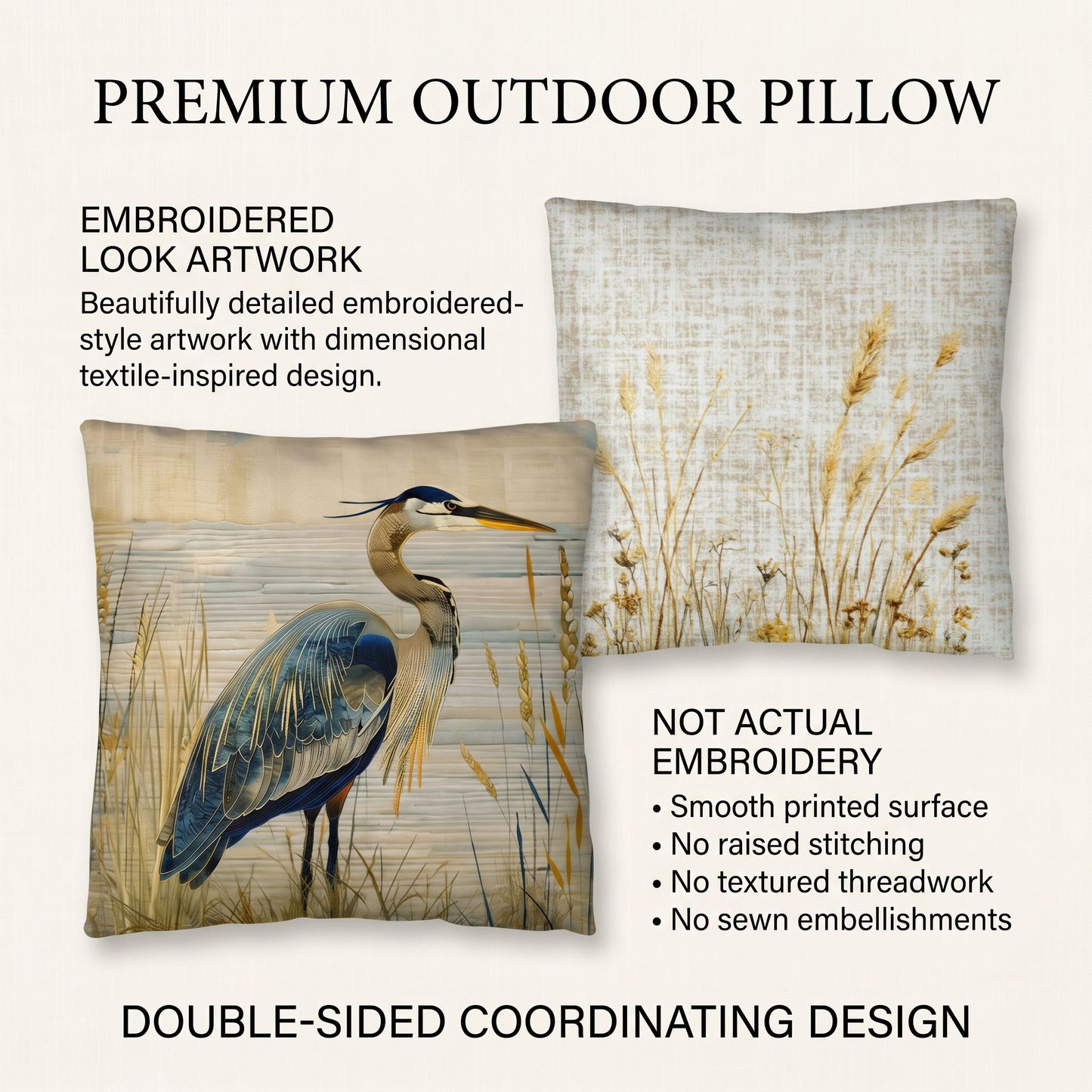 Blue Heron Coastal Accent Pillow – Reversible Premium Indoor Outdoor Cushion