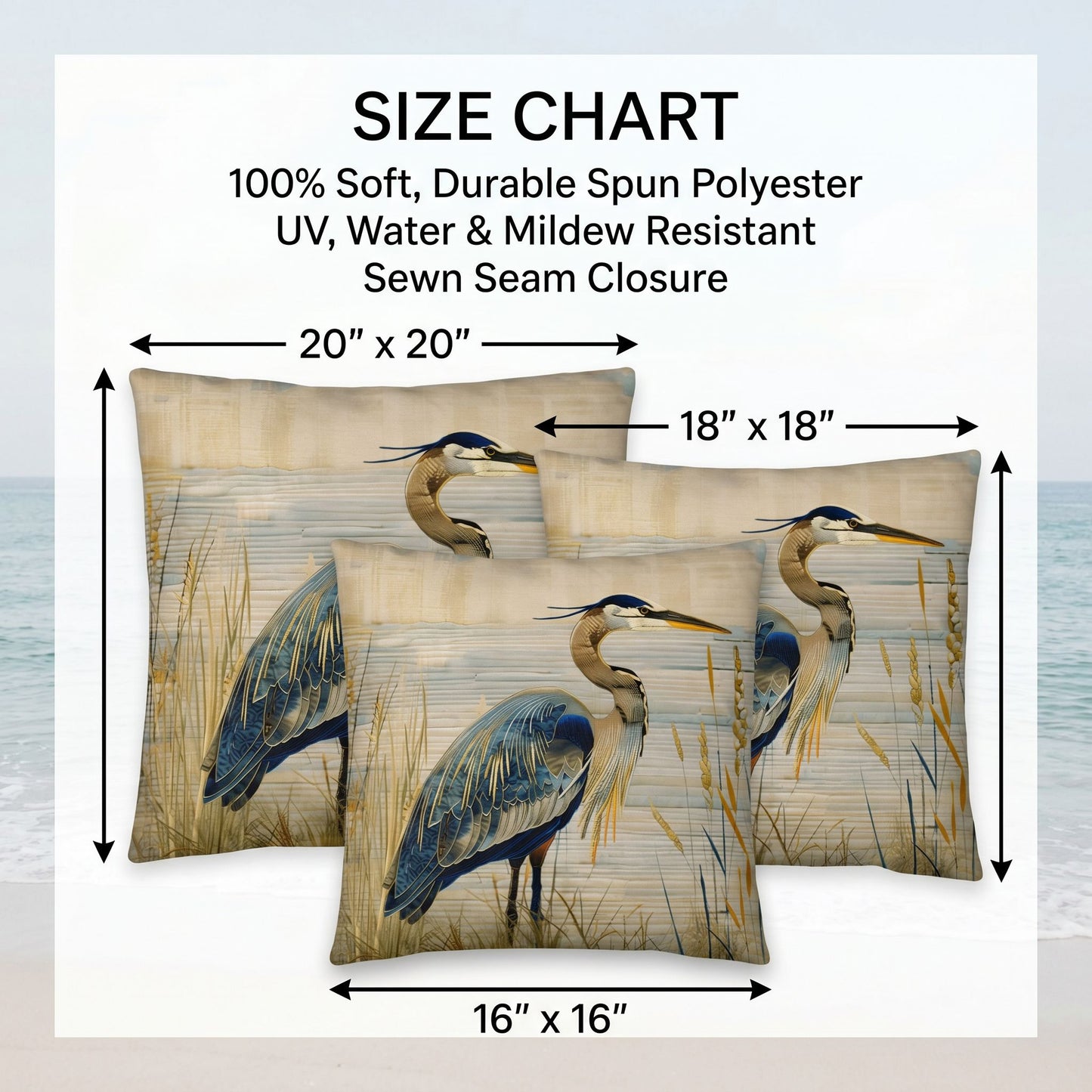 Blue Heron Coastal Accent Pillow – Reversible Premium Indoor Outdoor Cushion