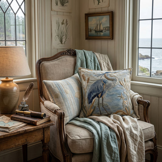 Embroidered Look Blue Heron Pillow | Coastal Cottage Textile Decor