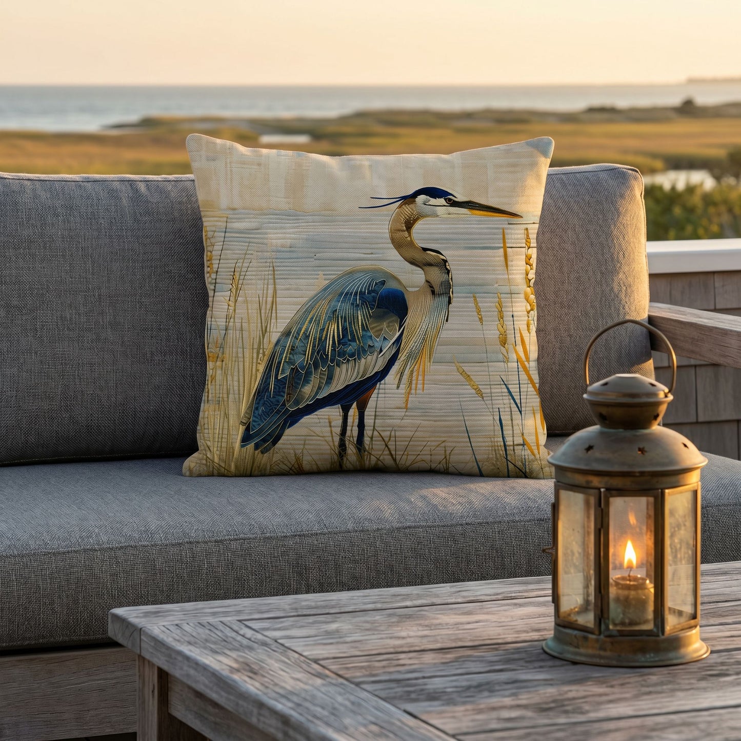 Blue Heron Coastal Accent Pillow – Reversible Premium Indoor Outdoor Cushion