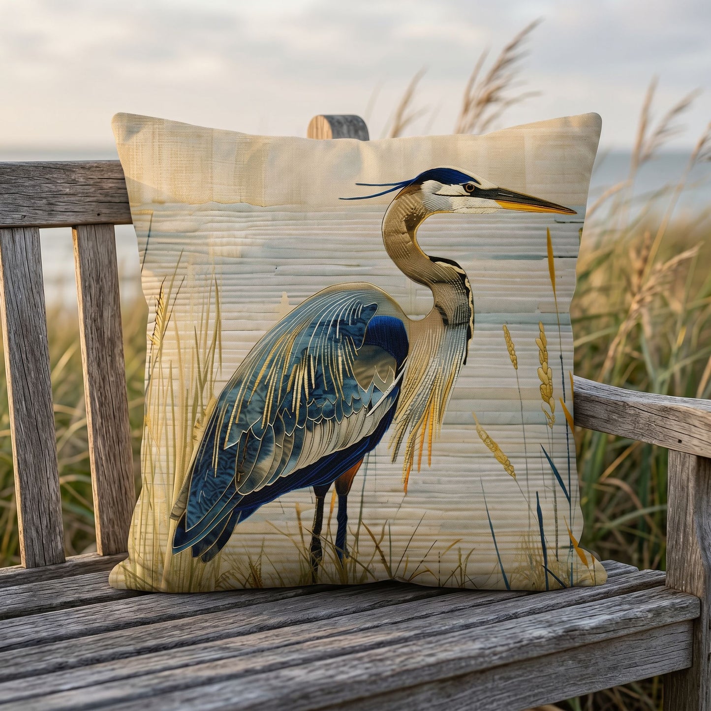 Blue Heron Coastal Accent Pillow – Reversible Premium Indoor Outdoor Cushion