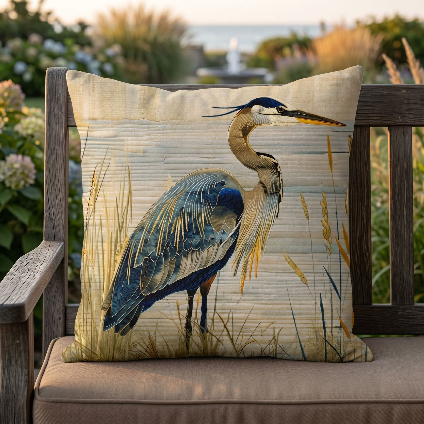 Blue Heron Coastal Accent Pillow – Reversible Premium Indoor Outdoor Cushion