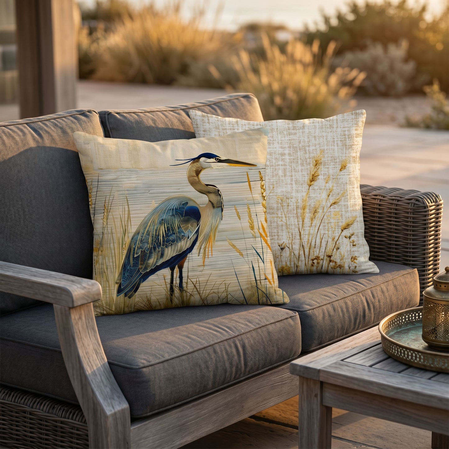 Blue Heron Coastal Accent Pillow – Reversible Premium Indoor Outdoor Cushion