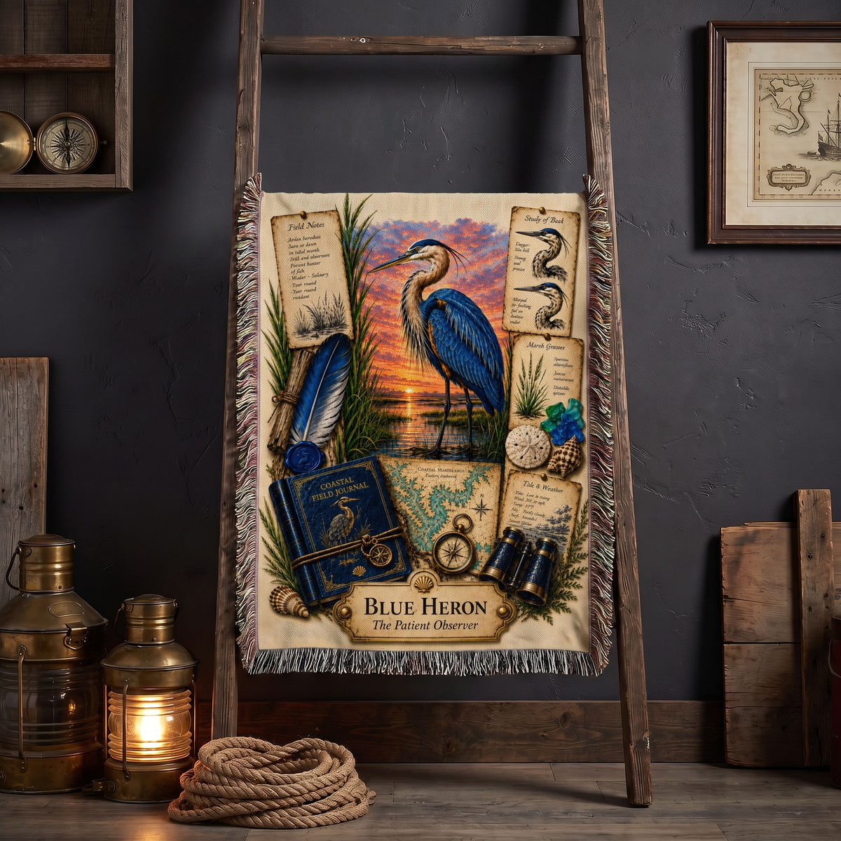 Blue Heron Woven Throw Blanket | Coastal Bird Decor | Cotton Tapestry Throw | Naturalist Journal Gift