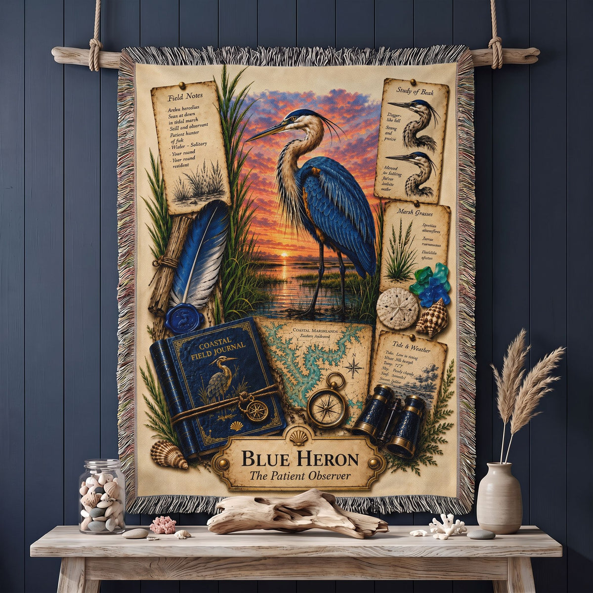 Blue Heron Woven Throw Blanket | Coastal Bird Decor | Cotton Tapestry Throw | Naturalist Journal Gift