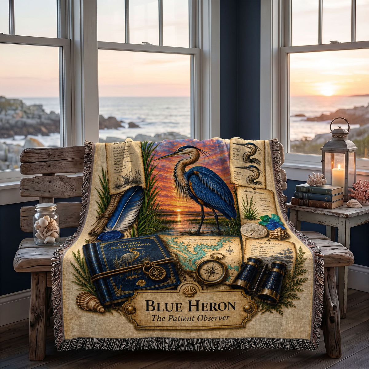 Blue Heron Woven Throw Blanket | Coastal Bird Decor | Cotton Tapestry Throw | Naturalist Journal Gift