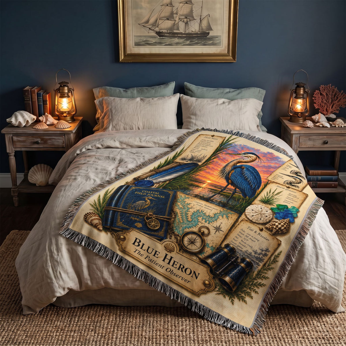 Blue Heron Woven Throw Blanket | Coastal Bird Decor | Cotton Tapestry Throw | Naturalist Journal Gift