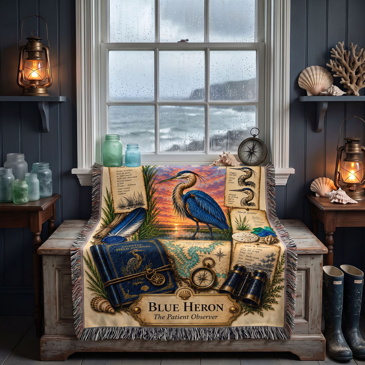 Blue Heron Woven Throw Blanket | Coastal Bird Decor | Cotton Tapestry Throw | Naturalist Journal Gift