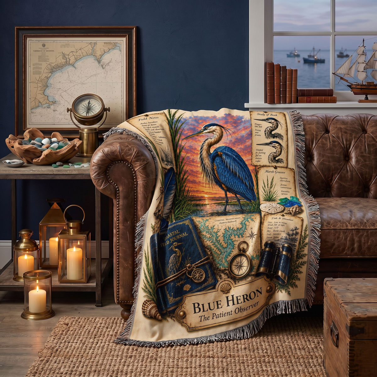 Blue Heron Woven Throw Blanket | Coastal Bird Decor | Cotton Tapestry Throw | Naturalist Journal Gift