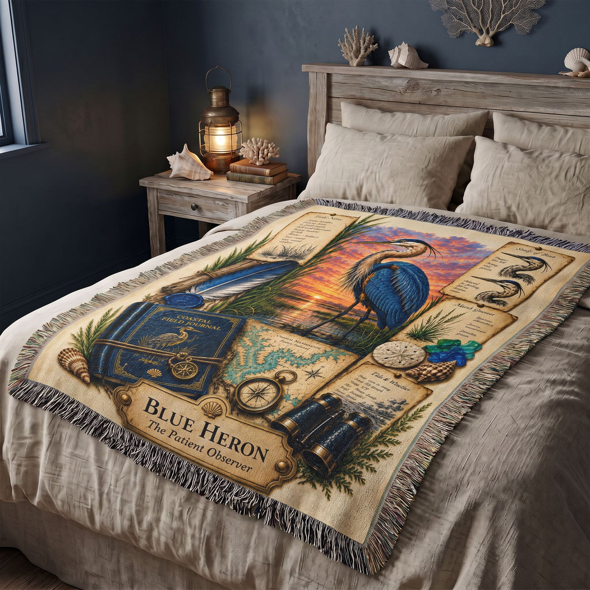 Blue Heron Woven Throw Blanket | Coastal Bird Decor | Cotton Tapestry Throw | Naturalist Journal Gift