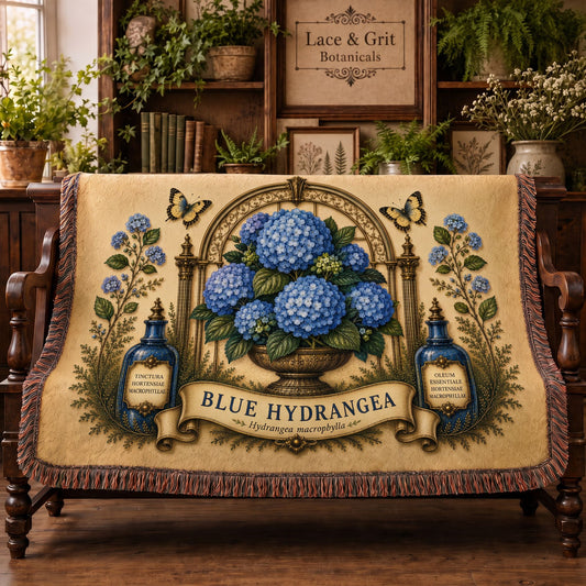 Blue Hydrangea Woven Throw Blanket | Botanical Garden Decor | Cotton Tapestry Throw | English Cottage Floral Gift