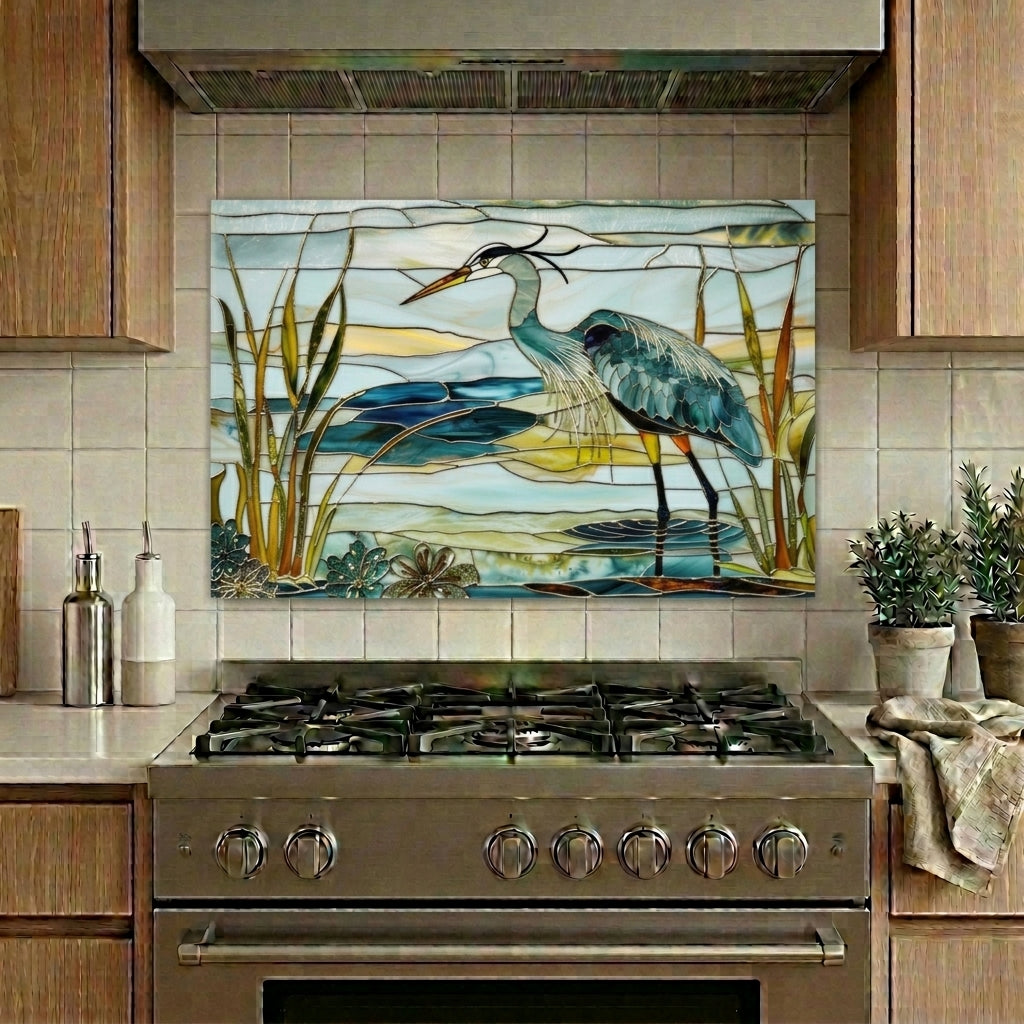 Blue Heron Metal Kitchen Backsplash Panel, Stained Glass Inspired Wall Art