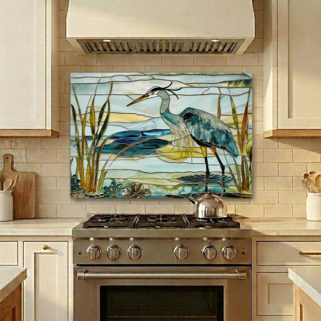 Blue Heron Metal Kitchen Backsplash Panel, Stained Glass Inspired Wall Art