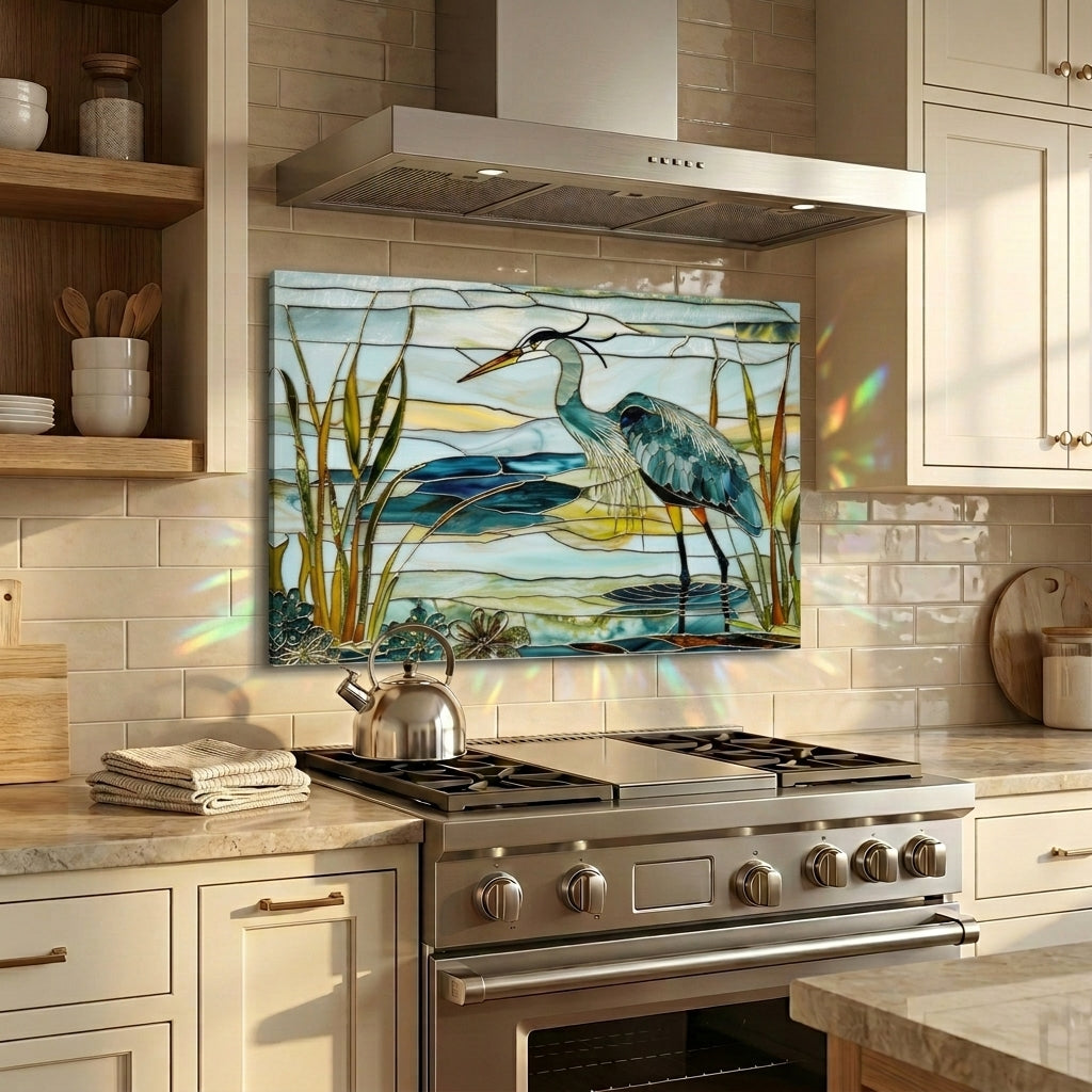 Blue Heron Metal Kitchen Backsplash Panel, Stained Glass Inspired Wall Art