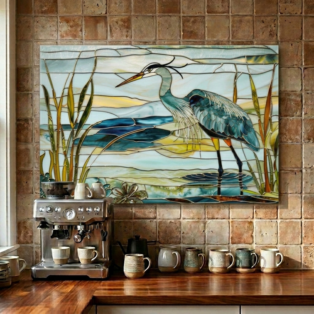 Blue Heron Metal Kitchen Backsplash Panel, Stained Glass Inspired Wall Art