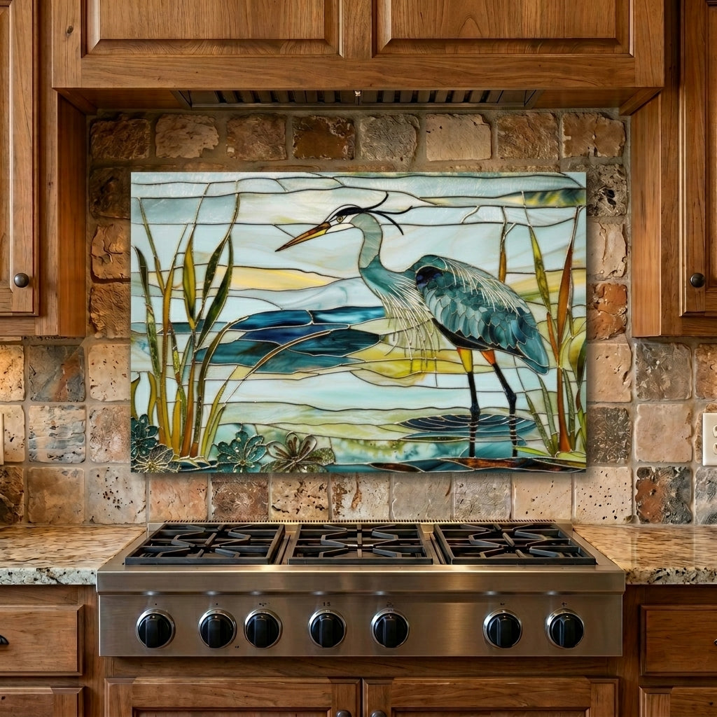 Blue Heron Metal Kitchen Backsplash Panel, Stained Glass Inspired Wall Art