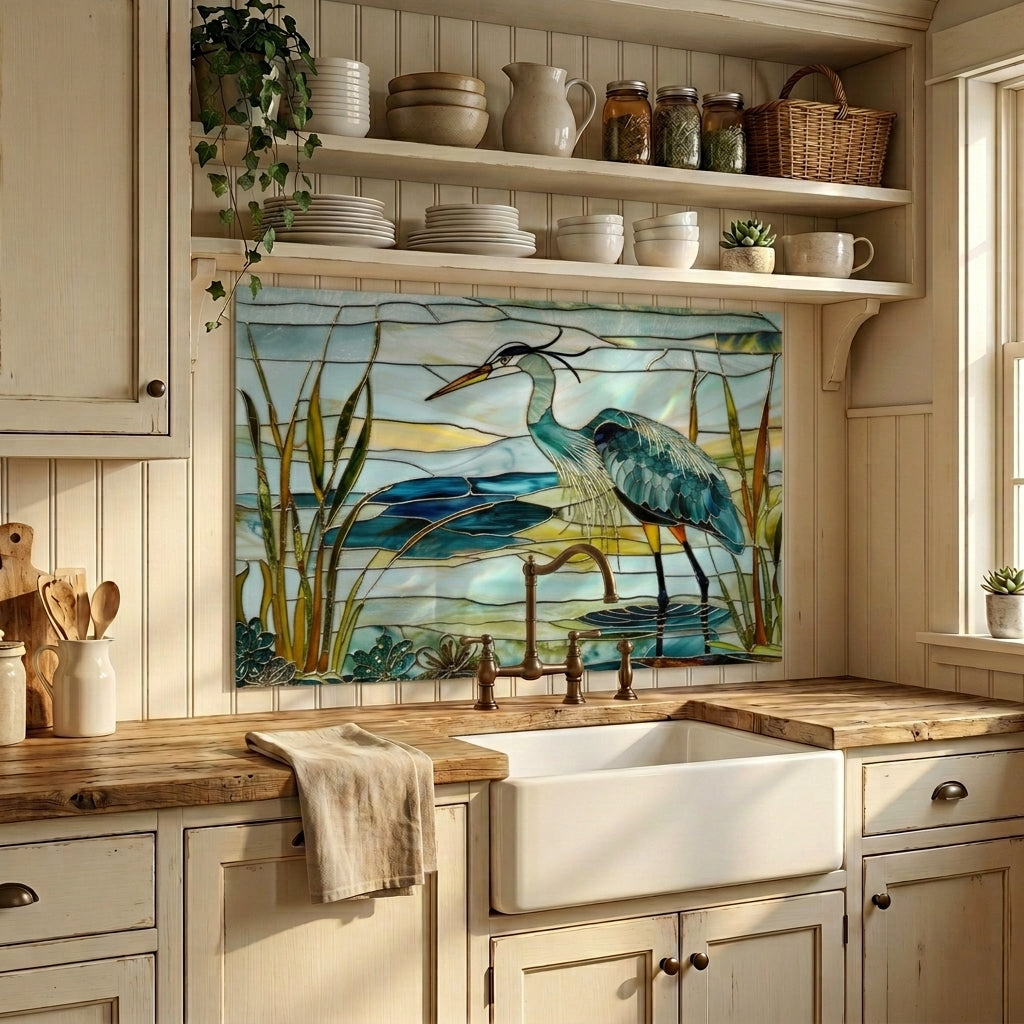 Blue Heron Metal Kitchen Backsplash Panel, Stained Glass Inspired Wall Art