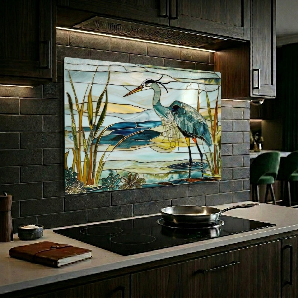 Blue Heron Metal Kitchen Backsplash Panel, Stained Glass Inspired Wall Art