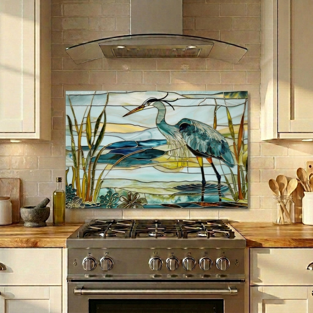 Blue Heron Metal Kitchen Backsplash Panel, Stained Glass Inspired Wall Art