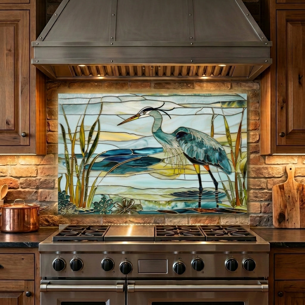 Blue Heron Metal Kitchen Backsplash Panel, Stained Glass Inspired Wall Art