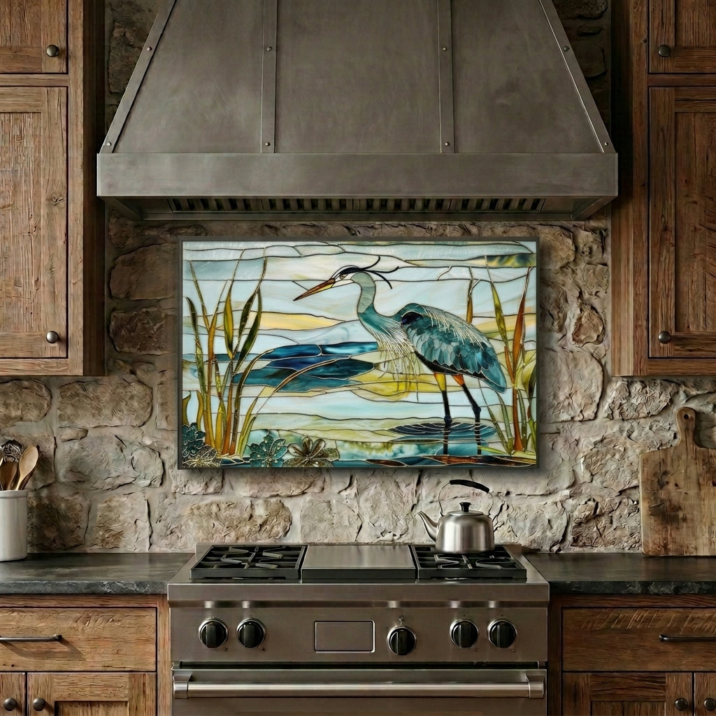 Blue Heron Metal Kitchen Backsplash Panel, Stained Glass Inspired Wall Art