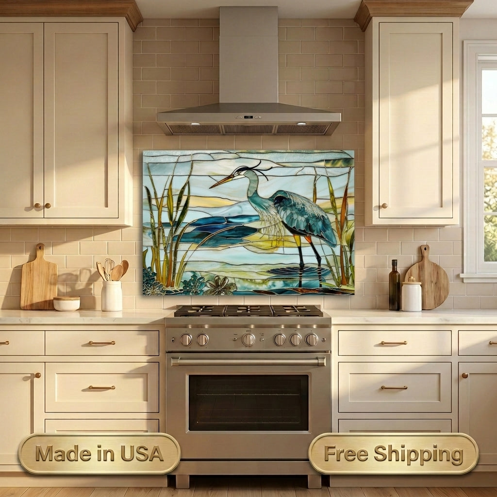 Blue Heron Metal Kitchen Backsplash Panel, Stained Glass Inspired Wall Art