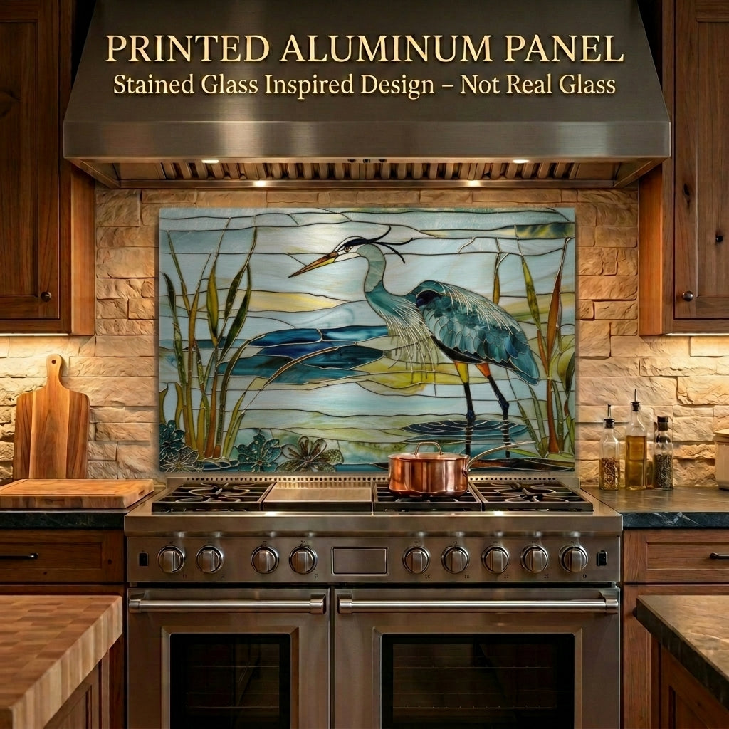 Blue Heron Metal Kitchen Backsplash Panel, Stained Glass Inspired Wall Art