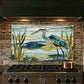 Blue Heron Metal Kitchen Backsplash Panel, Stained Glass Inspired Wall Art
