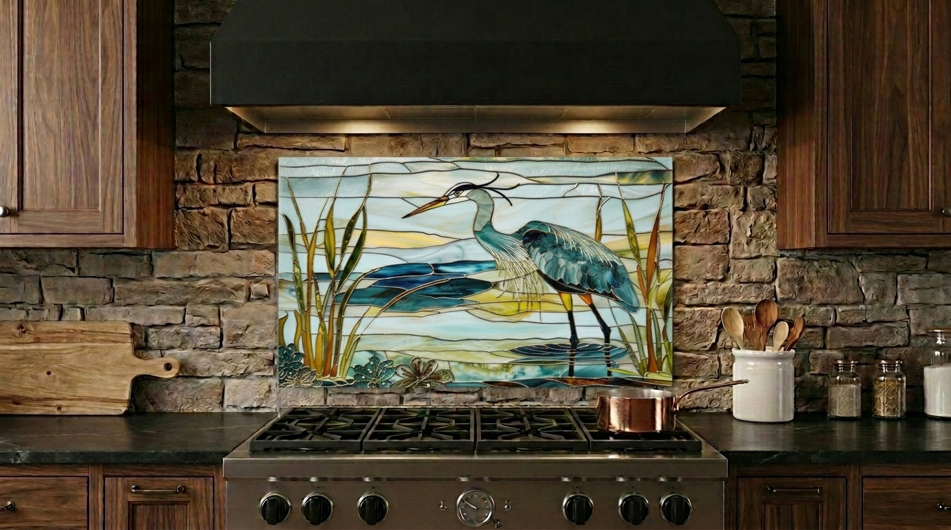 Blue Heron Metal Kitchen Backsplash Panel, Stained Glass Inspired Wall Art