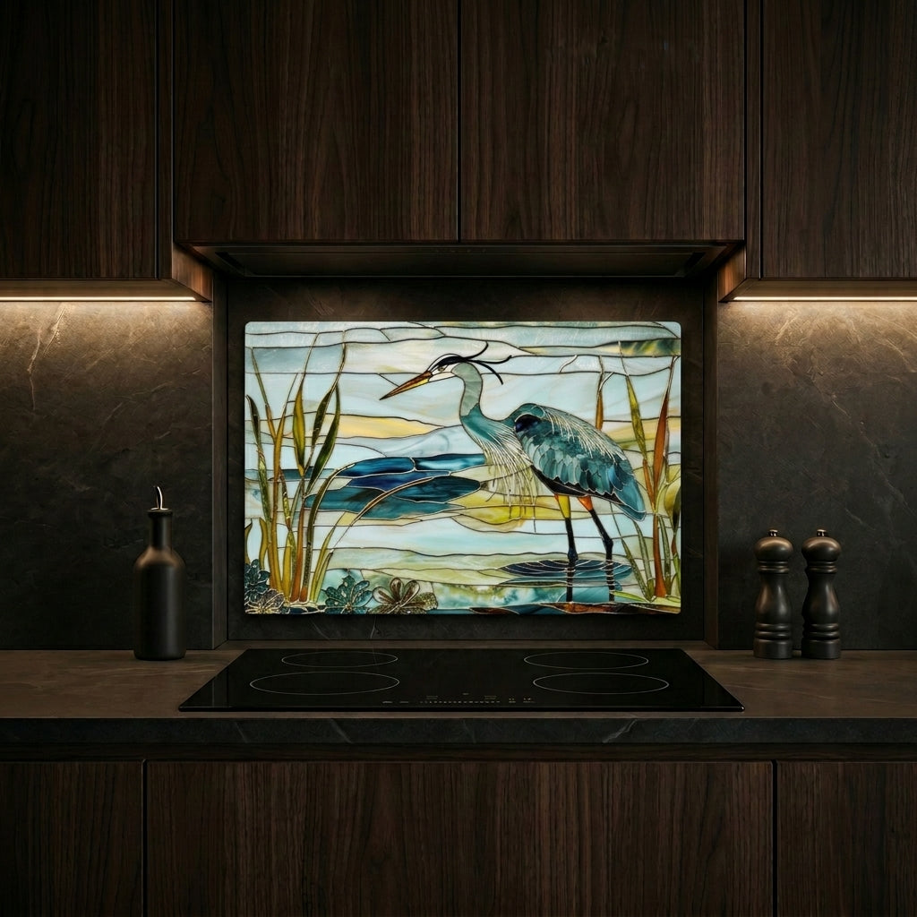 Blue Heron Metal Kitchen Backsplash Panel, Stained Glass Inspired Wall Art
