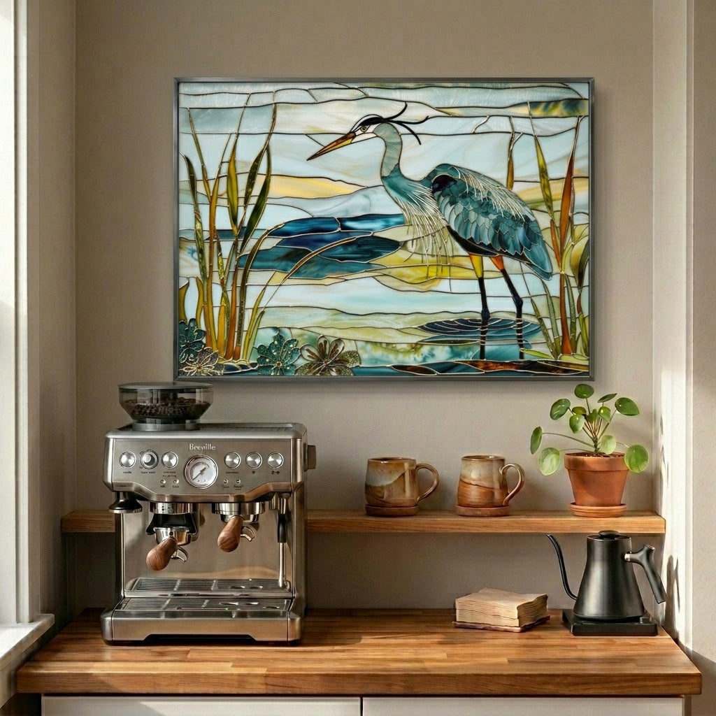 Blue Heron Metal Kitchen Backsplash Panel, Stained Glass Inspired Wall Art