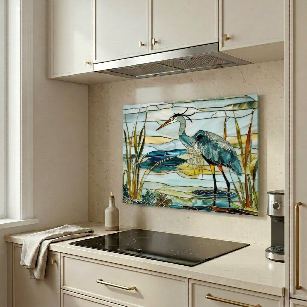 Blue Heron Metal Kitchen Backsplash Panel, Stained Glass Inspired Wall Art