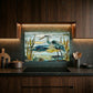 Blue Heron Metal Kitchen Backsplash Panel, Stained Glass Inspired Wall Art
