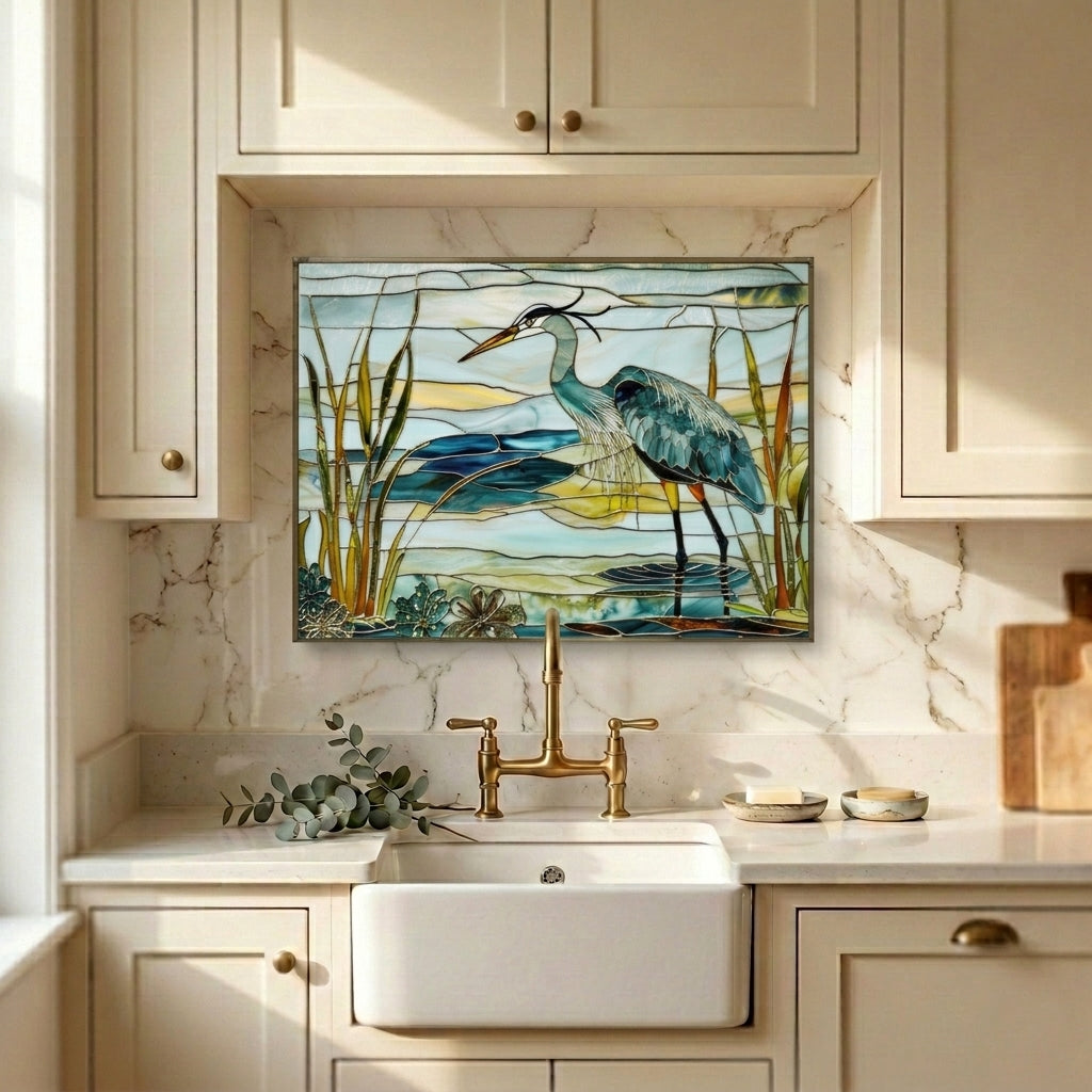 Blue Heron Metal Kitchen Backsplash Panel, Stained Glass Inspired Wall Art