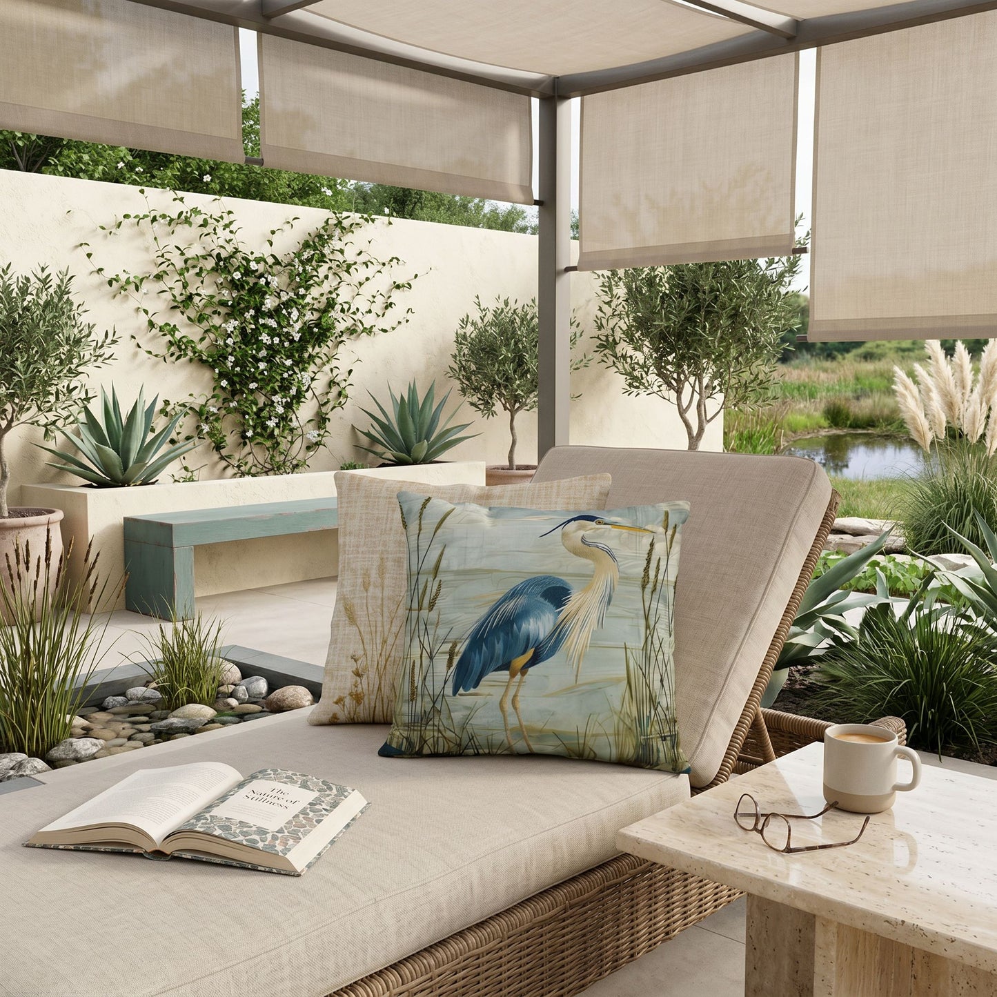 Outdoor Coastal Blue Heron Pillow – Reversible Premium Throw Cushion for Patio, Porch & Lake House