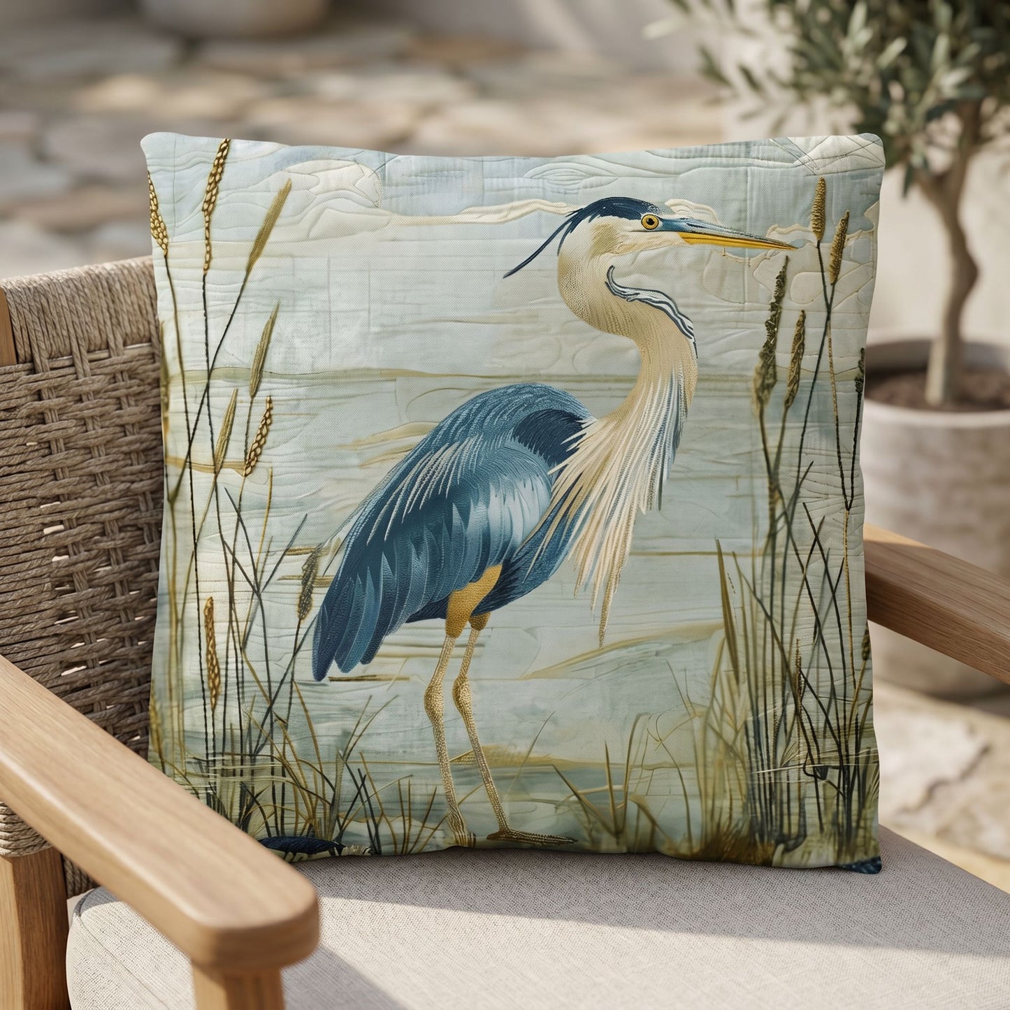 Outdoor Coastal Blue Heron Pillow – Reversible Premium Throw Cushion for Patio, Porch & Lake House