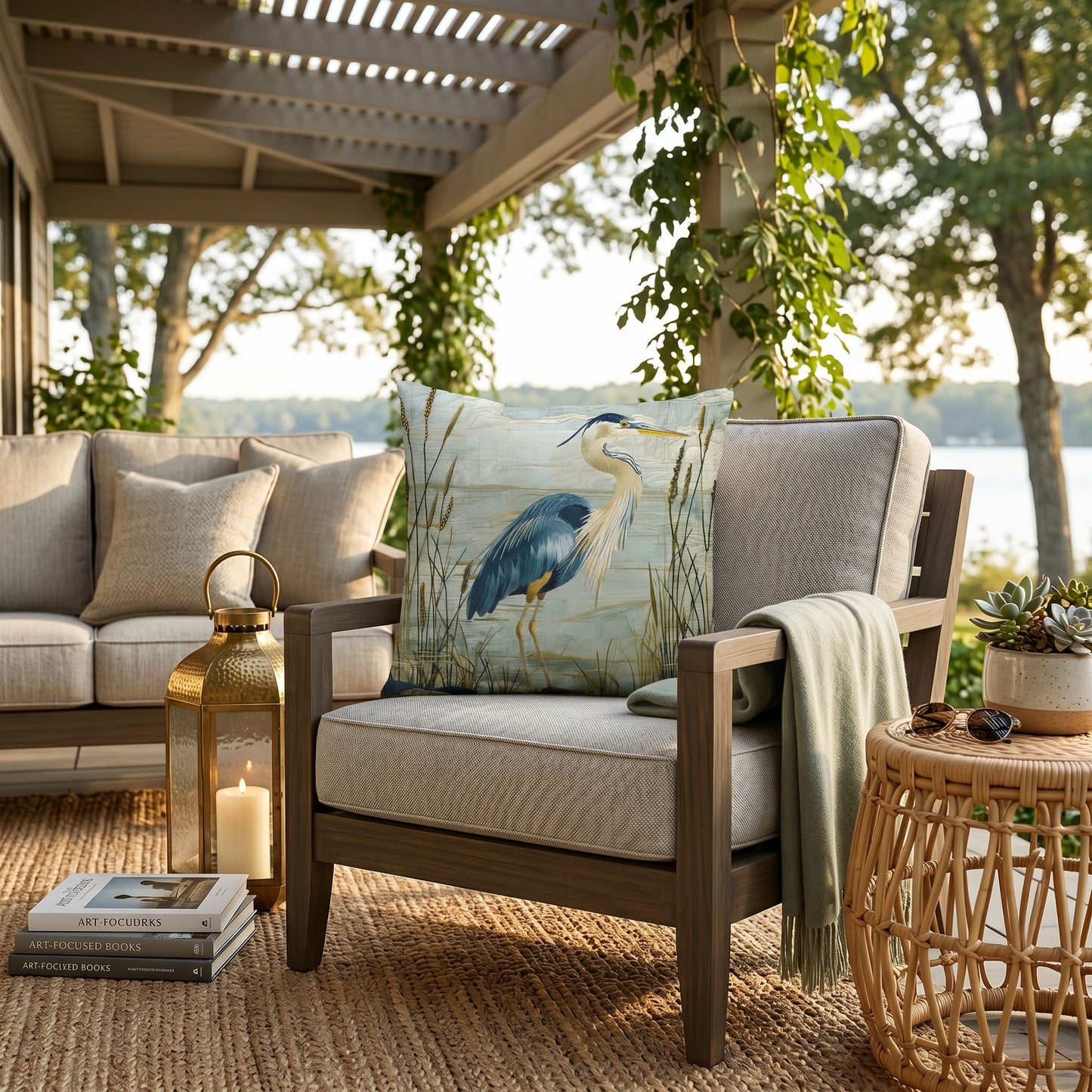 Outdoor Coastal Blue Heron Pillow – Reversible Premium Throw Cushion for Patio, Porch & Lake House