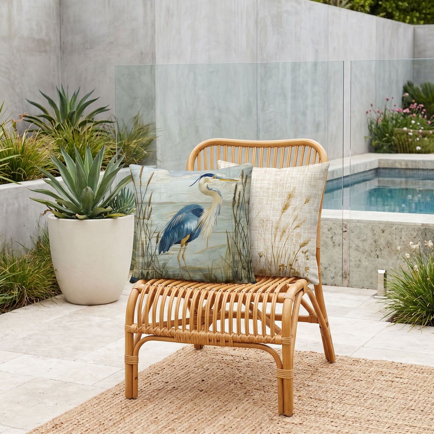 Outdoor Coastal Blue Heron Pillow – Reversible Premium Throw Cushion for Patio, Porch & Lake House