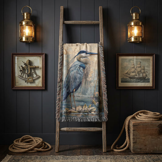 Blue Heron Beaded Look Woven Blanket | Coastal Cottage Wildlife Decor